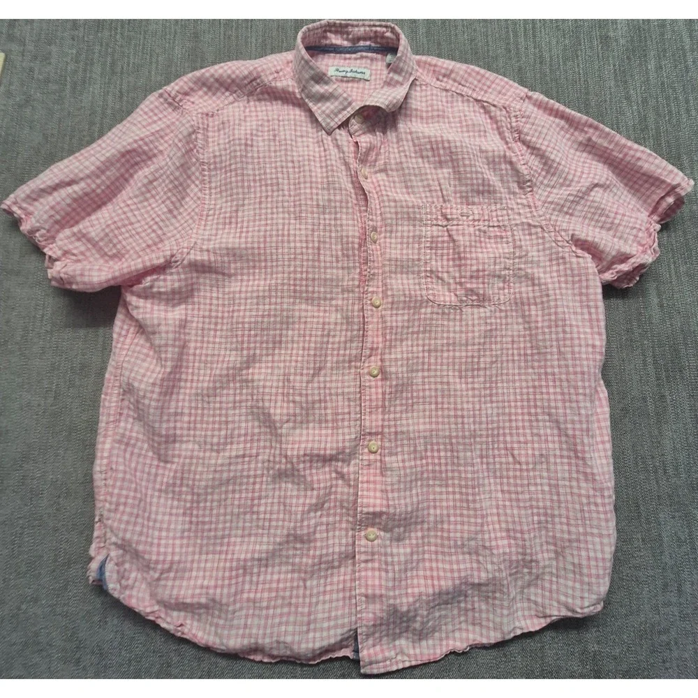 Tommy Bahama men's pink white checker short sleeve button up XL Linen Blend